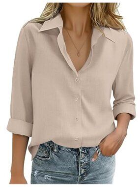 Womens Cotton Linen Loose Fit Long Sleeve Button Down Shirt Champagne Blouse